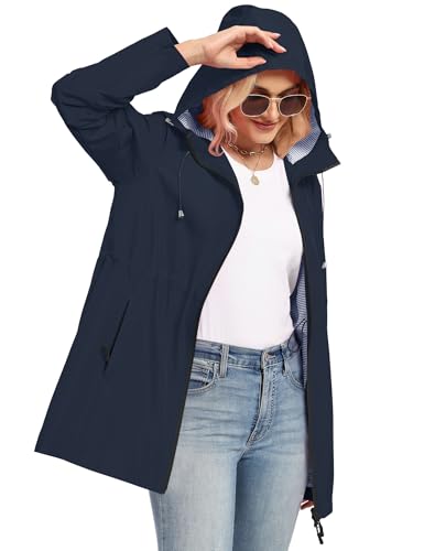 TCOT Women's Waterproof Rain Jacket Long Hooded Raincoats Lined Trench Coat Outdoor Windbreaker Jackets Navy Blue M