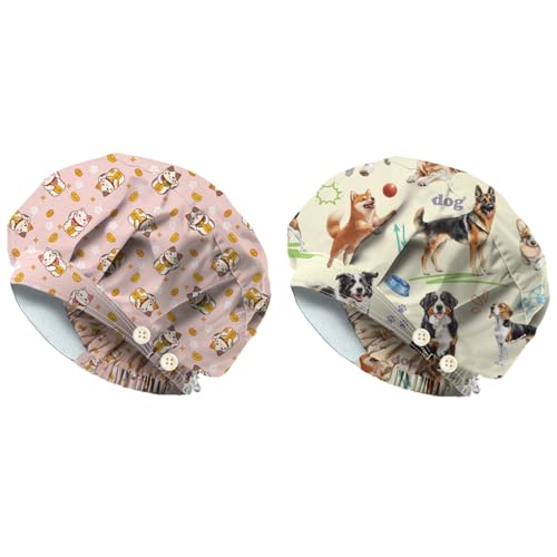 DELORIGIN 2PCS Lucky Cat Dog Scrub Caps with 4 Buttons Cotton Nurse Cap Elastic Surgical Hats with Sweatband Chef Bouffant Scrub Cap for Women Men Vet Nurse Cook Cleaning Head Cover One Size Fits All
