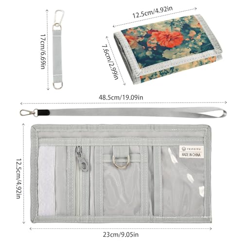 Orange Floral Blaze Durable Nylon Fabric Wallet for Boys and Girls - Multi-Functional with 2 Clear Pockets, Zipper Coin Compartment, 3 Card Slots & Keyring3