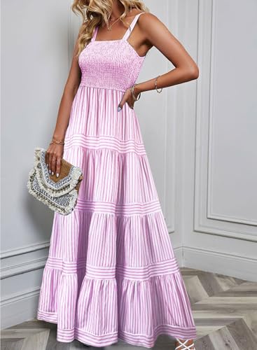 Image of Maxi Dresses for Women 2025 Summer Pink Striped Long Sundresses Casual Flowy Sexy Spaghetti Strap Smocked Sleeveless Empire Waist Beach Vacation Trendy Sun Dress