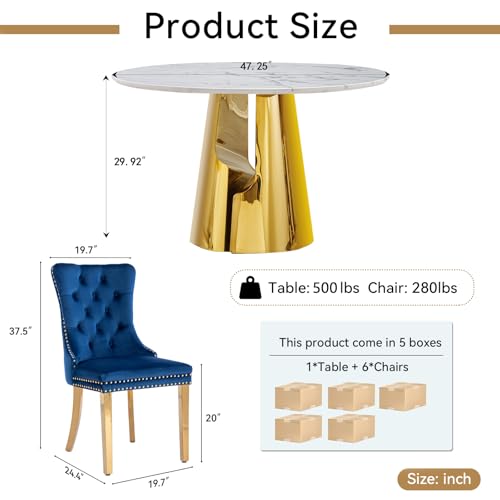 Image of 7-Piece Round Dining Table Set for 6, Modern Faux Marble Kitchen Table and Blue Velvet Chairs Set of 6, Luxury 45 inch Circle White Gold Dining Room Tables with Stainless Steel Base