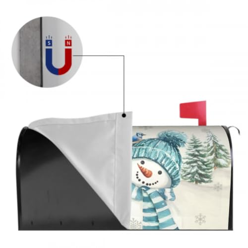 Image of Blue Snowman Mailbox Cover Magnetic- 25.5x21 Inch Large Size- Winter Pine Tree Bird Xmas Snowflake Waterproof Mailbox Wrap Post Cover for Yard Garden Outside Ourdoor Decor