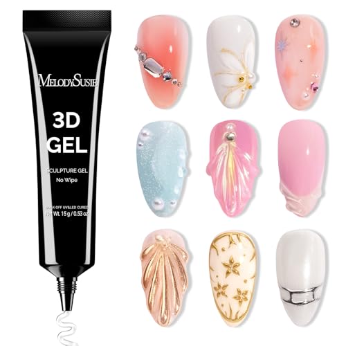 Image of MelodySusie 3D Gel Nail Art, Clear Sculpting Gel No Wipe Nail Art Gel for Molding, Painting, Chrome Powder & Rhinestone Glue, UV /LED Cured 3D Nail Design 15g