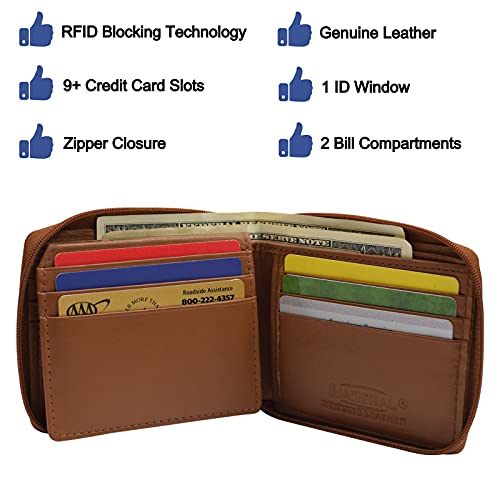 Men's Zipper RFID Blocking Premium Leather Zip-Around ID Bifold Wallet (Tan)4