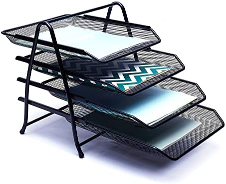 EXERZ Letter Trays 4 layers, Free Standing Paper Sorter - Desk Organiser - File Holder - Wire Mesh Metal File Rack - For Office, School, Home, Study(4 x Black)