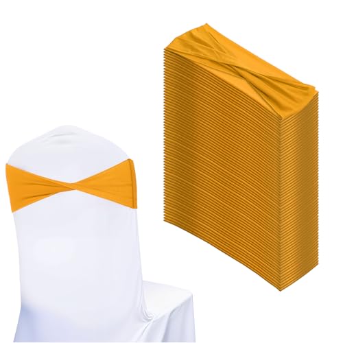 50PCS Spandex Chair Sashes Elastic Chair Cover Bands Ties Without Buckle Chair Decorations Universal Chair Sashes for Wedding Party Reception Events Universal Ceremony Banquet Decorations(Gold)