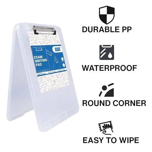 Image of SPS Exampad A4 Plastic Clipboard with Built-in Storage and Pen Holder - Ideal for School, Office, Travel - Perfect for Students and Professionals, School and Office - Translucent