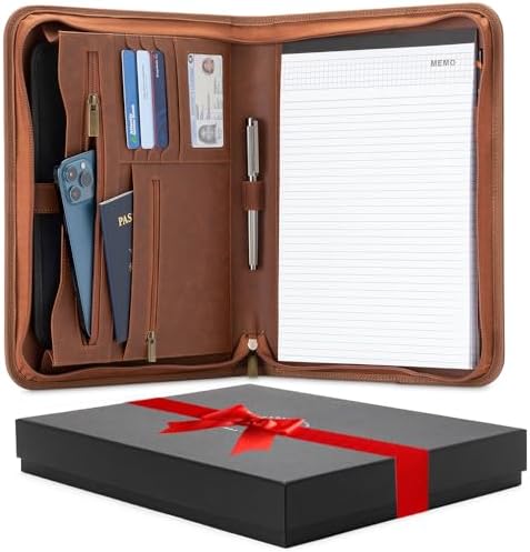 Padfolio Binder - Professional Faux Leather Travel Organizer Pouch for Tablet, Documents, Presentation Folders, Zipper Closure, Notepad - Brown