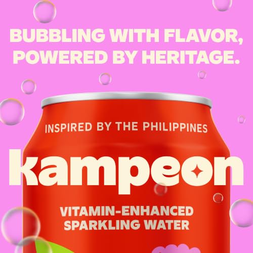 Image of Kampeon Lychee Filipino-inspired sparkling water - 12oz Cans | Filipino Tropical Soda Alternative with Lychee Juice, Vitamin C, Magnesium & B6 B12 | Lightly Sweet, No Artificial Sweeteners, Caffeine-Free (Pack of 12)