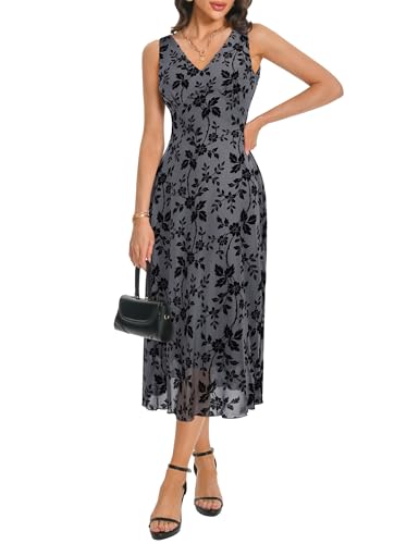 Image of Women's Sexy V Neck Sleeveless Mesh Maxi Dresses Summer Casual Elegant Long Floral Dress Wedding Guest Cocktail Party