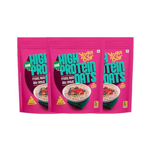 Yogabar 26g High Protein Oats 1kg x 3, Fruits Nuts & Seeds - Breakfast Cereal with Wholegrains, 26% Protein & No added sugar - Oats High Protein for Gym & Weight Management - Premium Protein Blend with Whey Protein Powder - with Goodness of Chia, Sunflower & Pumpkin Seeds & Probiotics for Absorption