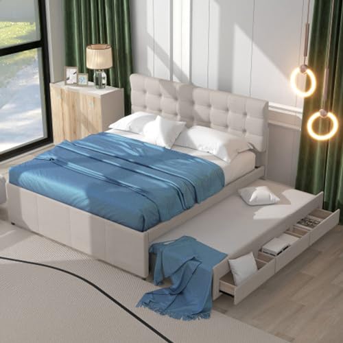 Cama Doble 140x200 Tapizada Nido De Matrimonio Con Tres Cajones, Espacio De Almacenamiento, Cabecero Ajustable - Juvenil/Invitados Para Dormitorio Habitación Beige