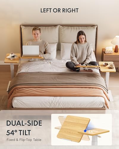 Image of FLEXISPOT Adjustable Height C-Shaped End Table with Split Tilting Top - Mobile Side Table for Sofa & Bedside, Slides Under Furniture, Hidden Wheels for Small Spaces(31.6 inch W x 15.7 inch D,Maple)
