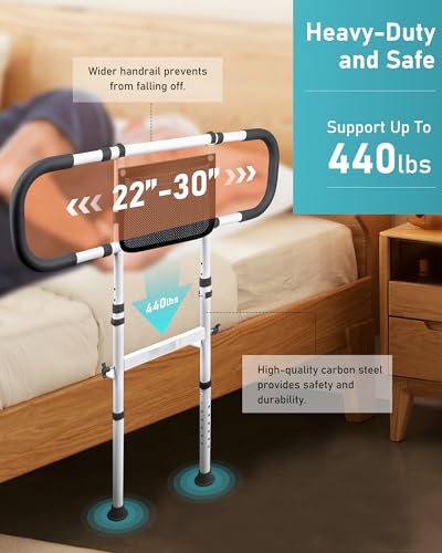 AMOVO Bed Rails for Elderly Adults Safety Bed Guard Rails for Seniors Extended Handle Bed Assist Rail with Sensor Light Storage Pouch, Stable Bedside Cane Support Bar Grab, Fit King Queen Full Twin
