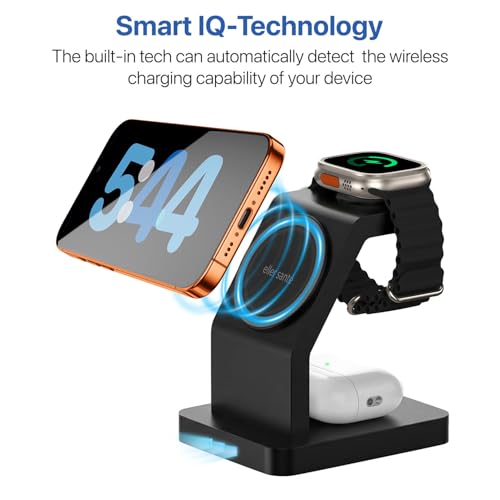 Image of eller sante Combo 3in1 23W Magnetic Mag-Safe Wireless Charger with 30W Fast Charger Adapter for iPhone 17 /17 Air /17 Pro /17 Pro Max, 16 /16 Plus /16 Pro /16 Pro Max, 15 /14 /13 /12, Airpods, iWatch- Black