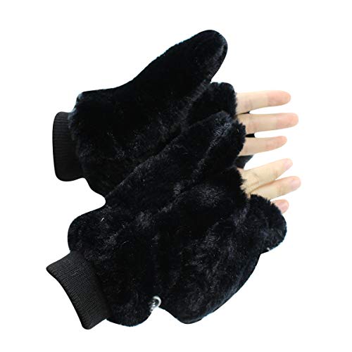 RARITYUS Women Girls Gloves Warm Soft Cute Cat Plush Convertible Flip Top Winter Fingerless Thick Mittens for Teen4