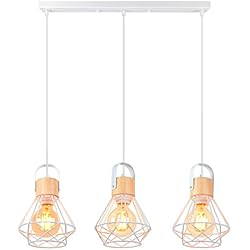 Lámparas Araña Con Pantalla iDEGU 3 Luces Lámpara Colgante Vintage 16cm Lámpara de Techo de Madera Metal Diseño de Jaula Creativo Pantalla Blanco E27 Iluminación de Interior Luz Colgante para Comedor Salón (Araña 3 Luces, Barra)