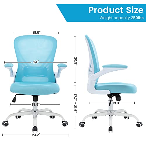 Hramk Office Chair Mid Back Swivel Desk Chair With Flip-Up Arms, Breathable Mesh Computer Chair, Lumbar Support Task Chair With Wheels, Height Adjustable (Blue) #TOP1