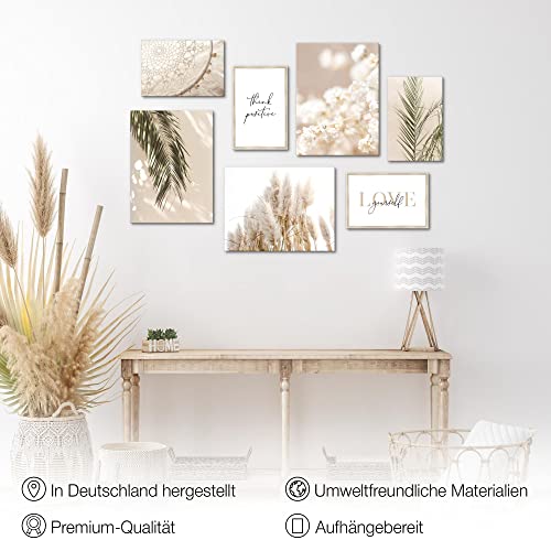 Novart Wandbilder Boho Pampasgras - KOMPLETT AUFHÄNGFERTIG - Beige Wohnzimmer Schlafzimmer - 7 Moderne Mood-Bilder - N005871a