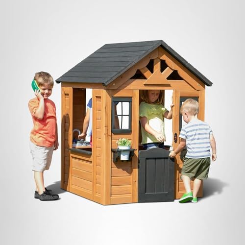 Backyard Discovery Sweetwater Cedar Wooden Kids Playhouse Cottage with Play Kitchen, Snack Bar, Half Door, Toy Phone, Windows, Flowerpot Holders, and Working Doorbell for Outdoor Imaginative Play — view 9