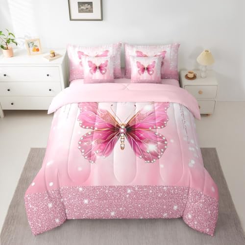 Image of Feelyou Butterfly Comforter Set Twin Size 7 Pieces Dreamy Princess Bedding Set for Kids Boys Girls Glitter Bed in a Bag with Comforter, Sheets, Pillowcases, Cushion Covers Watercolor Butterflies