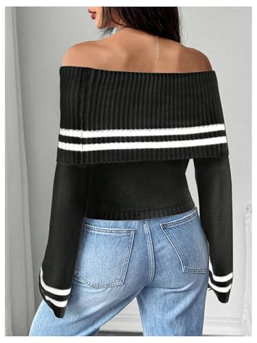 MakeMeChic Women's Off The Shoulder Sweaters Bell Sleeve Tops Cropped Sweater Striped Pullover Trendy2