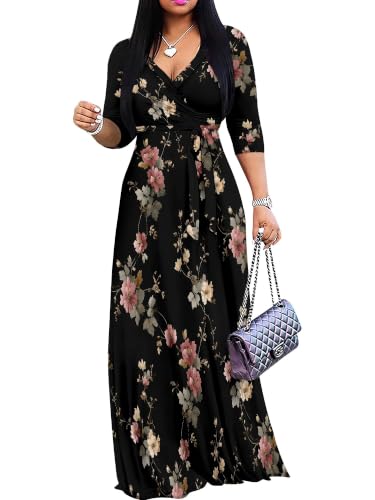 Image of SUZONANA Plus Size Dresses for Women Floral Print Maxi Dress Flowy 3 /4 Sleeve with Belt
