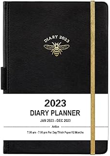 Diary 2023 - 2023 Diary A5 Page A Day, Jan. 2023 to Dec. 2023, Productivity A5 Daily Planner, with Monthly Tabs, Inner Pocket, Black, Banded, 14.5 X 21 cm