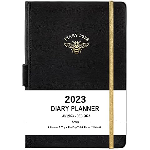 Diary 2023 - 2023 Diary A5 Page A Day, Jan. 2023 to Dec. 2023, Productivity A5 Daily Planner, with Monthly Tabs, Inner Pocket, Black, Banded, 14.5 X 21 cm Cover