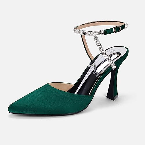 Image of Coutgo Women Rhinestone Heels Kitten High Satin Pumps Pointed Toe Sparkly Sexy Wedding Dress Shoes