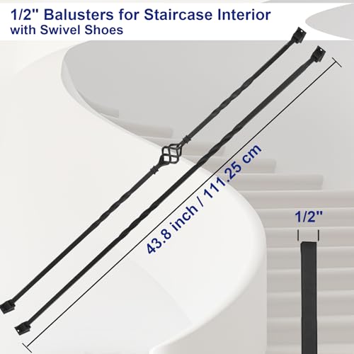 Sidasu 30 Pack Iron Balusters Stair Spindles Hollow Single Basket Black Iron Spindles Double Twist 1/2" Square Metal Balusters with Baluster Swivel Shoes 180 Degree Adjustable Direction