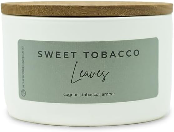 Milkhouse Candle Company Sweet Tobacco Leaves Soy Candle - Cognac | Tobacco | Amber Scented - 10 oz Signature Statement with Lid, 20+ Hour Burn Time, Made in The USA