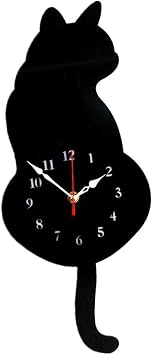 Fenteer Tail Wagging Cat design the wall Clock Silent Pendulum Clock for Home Decoration, Black Cat