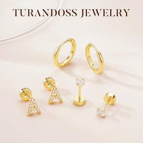 Turandoss 3 Pairs Initial A Stud Hoop Earrings Set Jewelry For Woman Girls | Dainty 14K Gold Plated Letter Huggie Hoop Stackable Lightweight Three Pairs Initial Earrings — view 5