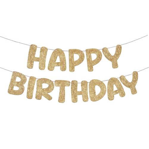 Fulmoon Glitter Pre Strung Happy Birthday Banner No DIY Party Decorations Happy Birthday Sign Decor for Men Women Boy Girls Backdrop(Champagne Gold)