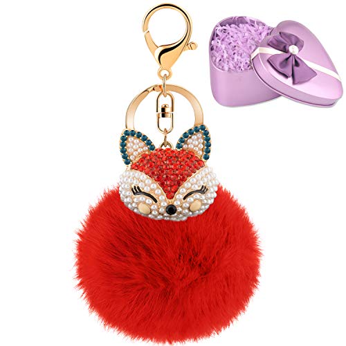 JOUDOO Fluffy Fur Ball Keychain With Gift Box Fox Head Pom Pom Keyring GJ020 (red)