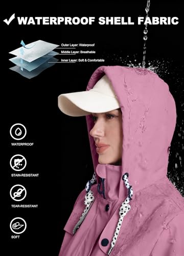 ATLASLAVA Regenjacke Damen Lang Wasserdicht Kapuze Regenmantel übergangsjacke Trenchcoat Outdoor Mantel Trockene Rose M