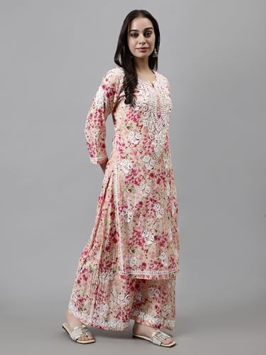 Image of Seva Chikan Hand Embroidered Lucknowi Chikankari Mal Mal Straight Printed Kurta & Palazzo Set for Women SCL8041