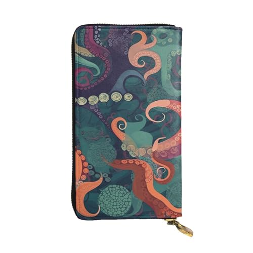 Portefeuille en cuir long sac à main de voyage noir idée cadeau originale avec octopus