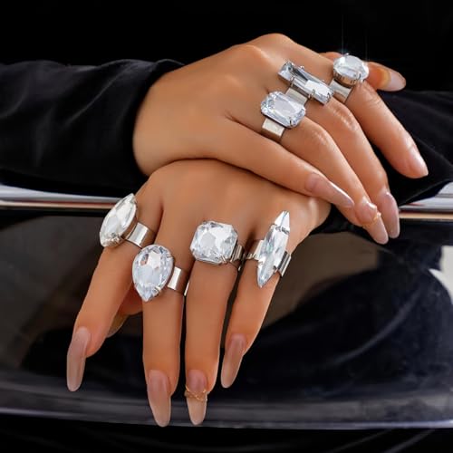 Vivian&CD Silver Chunky Cubic Zirconia Rings Set for Women, Open Adjustable Stackable Non-Tarnish Chunky Knuckle Rings Trendy Fake Diamond Wedding Engagement Promise Eternity Ring Jewelry3