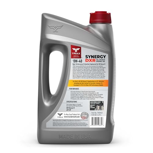 TRIAX Synergy DXR 0W-40 Full Synthetic Engine Oil Compatible with ALL GM Dexos R Applications | API SP | Friction Modified and Optimized (5 Quart)
