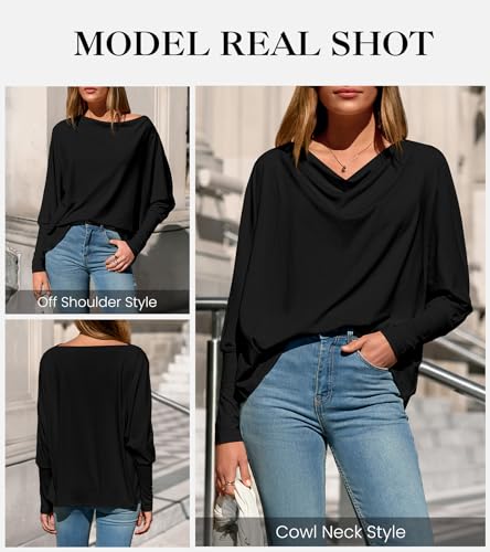 Okiwam Women's Fall Tops Long Batwing Sleeve Shirts Boat Neck Off The Shoulder Loose Tunic Blouses 2025 Fashion Clothes