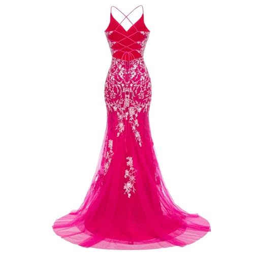 Image of Long Spaghetti Straps Tulle Mermiad Prom Dress V Neck Lace Appliques Formal Dress with Slit SF203