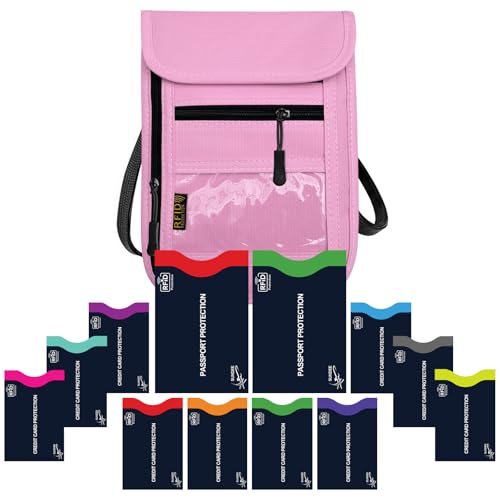 Image of Travel Neck Wallet & RFID Blocking Sleeves for Men and Women, Neck Money Pouch Anti Theft Travel Document Organizer with Adjustable Strap - Pink