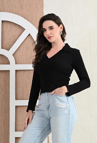 Image of Women's V-Neck Collar Full Sleeve Ribbed Top - Pure Cotton, All-Season, Comfortable & Stylish(Black,XXL)