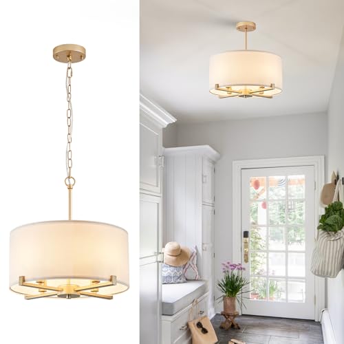 CATINER Modern Drum Chandelier 18&rdquo; White and Gold Pendant Light Fixture Round Fabric Shade...