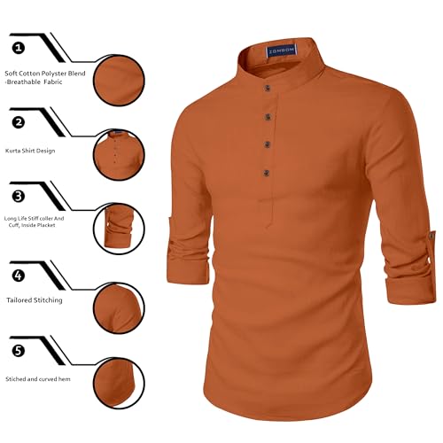 Image of Zombom Men's Cotton Blend Solid Casual Regular Fit Mandarin /Chinese Collor Short Full Sleeve Kurta for Men