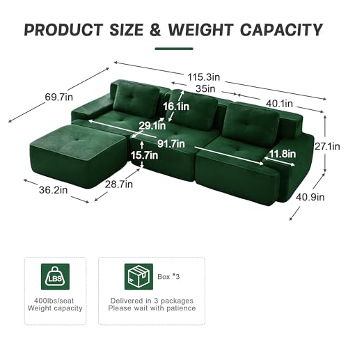 Image of 117 inch L-Shaped 3-Seater Modular Boneless Couch with Ottoman, Soft Corduroy Cloud sectional Sofa, Deep Seat Ergonomic Design, No Assembly Anti-Slip Sofa for Living Room, Green