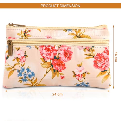 Image of Kuber Industries 2 Pcs Polyester Return Gift Ladies Purse for Women Stylish with Zipper | Small Hand Purse for Women Wallet | Cloth Pouch for Lady for Cash & Accessories | Digital Flower - Cream