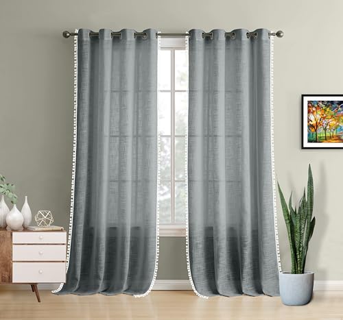 Image of THE LINEN COMPANY Cotton Sheer Grommet Curtains with Side Border Pompom Sheer Curtain for Long Door Linen Textured, Light Filtering, Pack of 2 (Light Grey, 10 Feet)